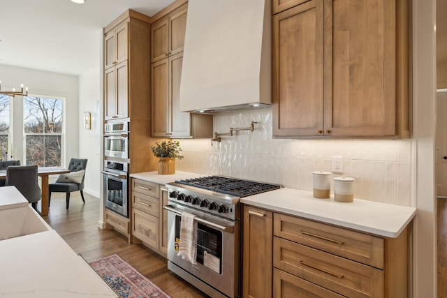 kitchen featuring backsplash, wood-type flooring, stainless steel appliances, and premium range hood