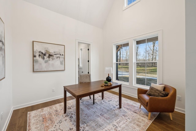 office with hardwood / wood-style flooring and high vaulted ceiling