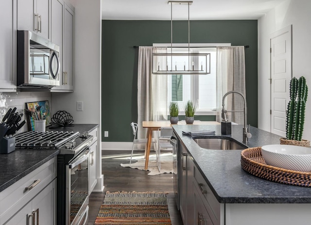 kitchen featuring pendant lighting, sink, dark wood-type flooring, a kitchen island with sink, and stainless steel appliances