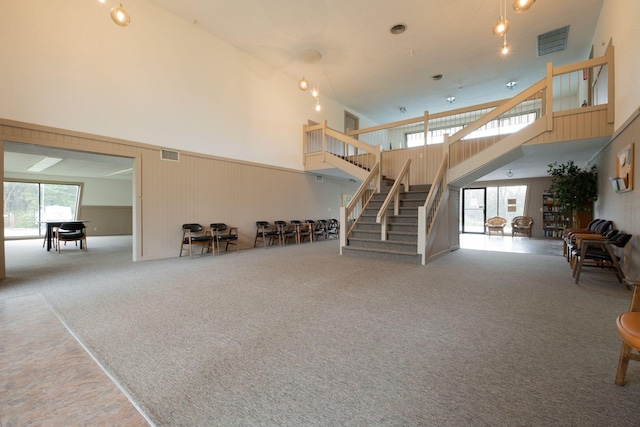 living room with carpet and a high ceiling