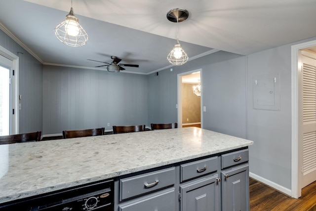 kitchen with pendant lighting, gray cabinets, dishwasher, and a breakfast bar area