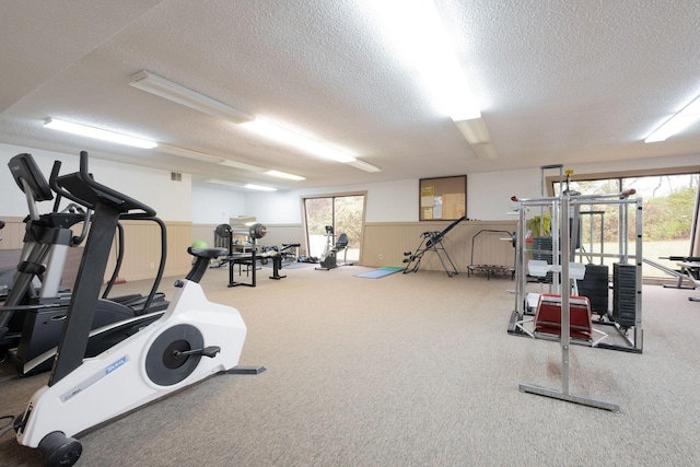 exercise room featuring carpet flooring and a textured ceiling