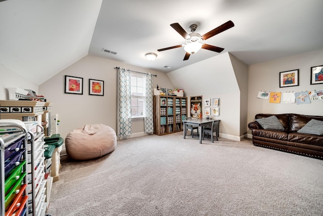 rec room featuring vaulted ceiling, carpet flooring, and ceiling fan