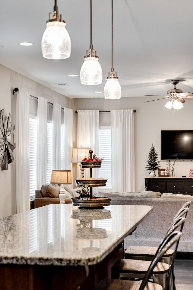 interior space featuring ceiling fan and dark hardwood / wood-style floors