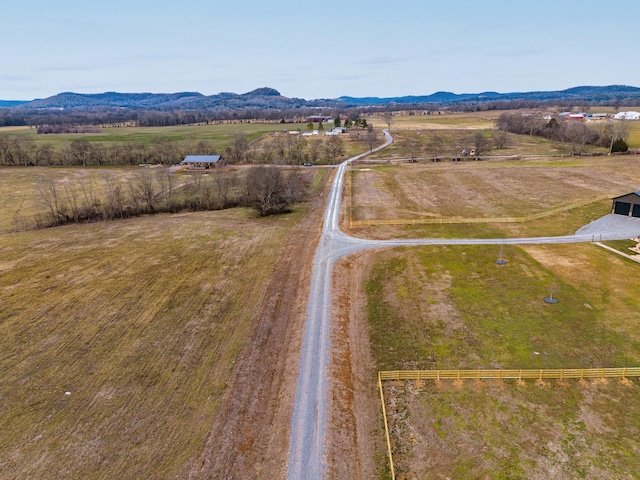 bird's eye view featuring a mountain view and a rural view