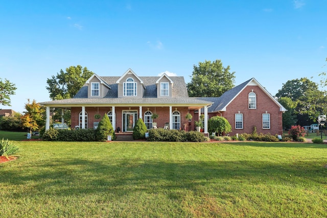 cape cod home with a porch and a front lawn