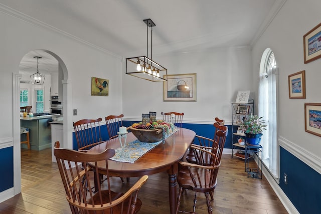 dining space with an inviting chandelier, hardwood / wood-style floors, ornamental molding, and a healthy amount of sunlight