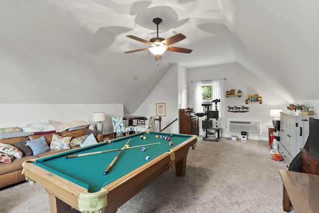 game room with billiards, lofted ceiling, a wall mounted air conditioner, carpet flooring, and ceiling fan