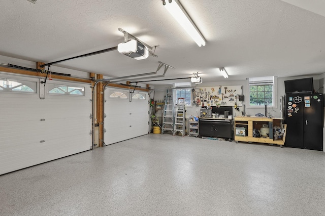 garage with a garage door opener and a workshop area