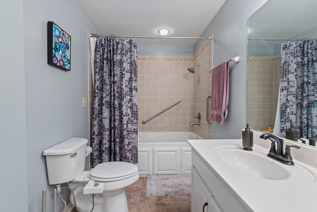 full bath featuring toilet, tile patterned flooring, shower / bath combo, and vanity