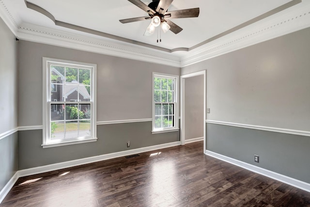 unfurnished room with a tray ceiling, a wealth of natural light, dark hardwood / wood-style floors, and ceiling fan