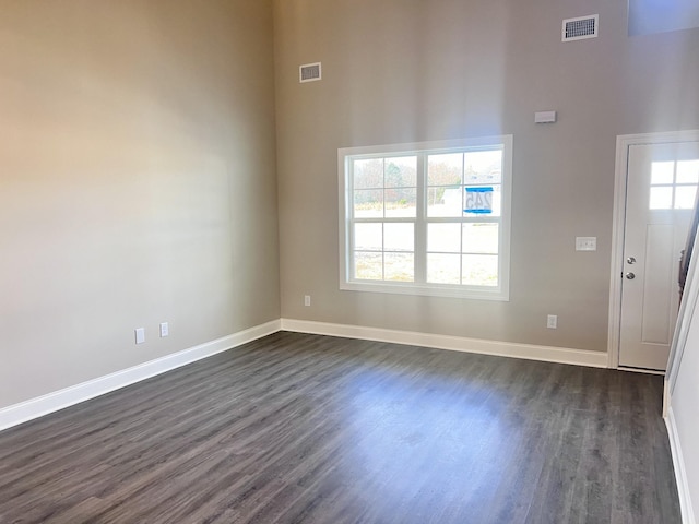 foyer entrance with a high ceiling and dark wood-type flooring