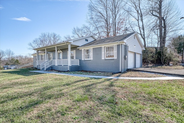 ranch-style home with a garage, driveway, a porch, a front lawn, and brick siding