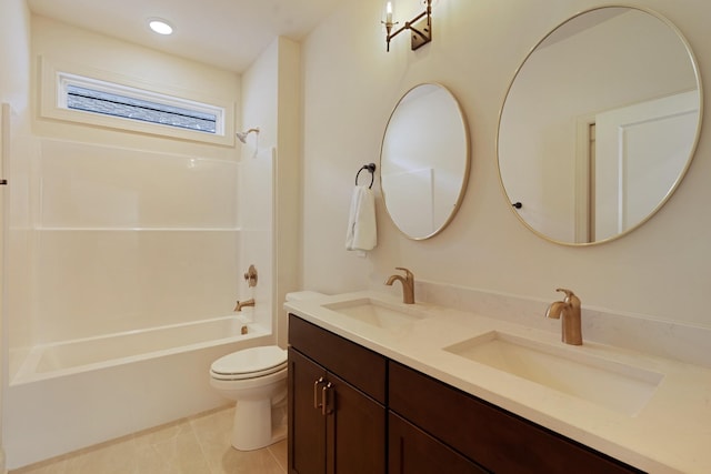 full bathroom featuring vanity, tile patterned floors, bathtub / shower combination, and toilet