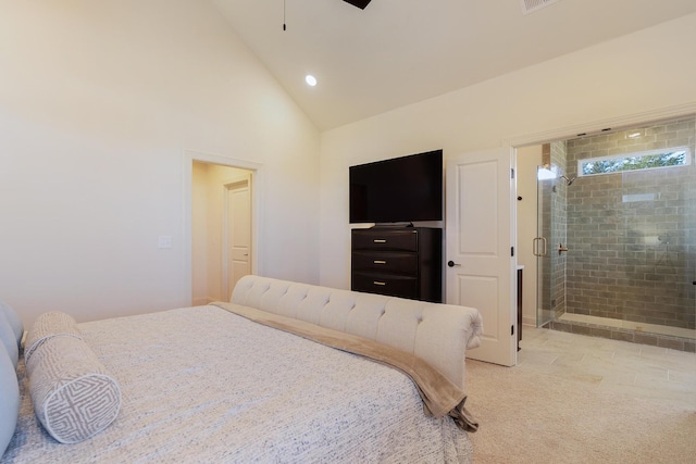 bedroom featuring ceiling fan and high vaulted ceiling