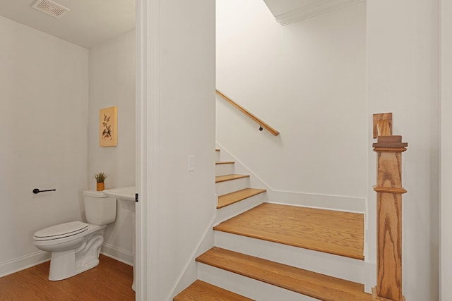 stairs with hardwood / wood-style flooring