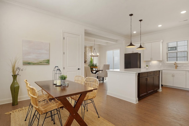 dining room with sink, dark wood-type flooring, crown molding, and a wealth of natural light