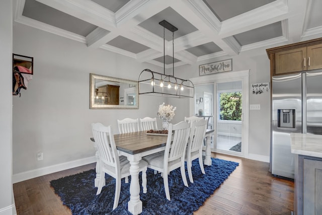 dining room with beamed ceiling, coffered ceiling, and dark wood-type flooring