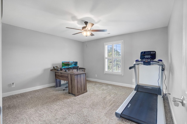 exercise area featuring ceiling fan and carpet