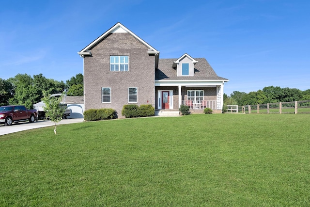 view of front of house with a porch and a front yard