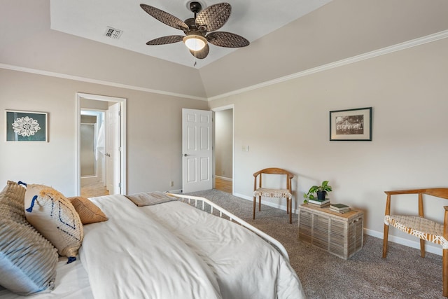 bedroom featuring lofted ceiling, carpet floors, ornamental molding, and ceiling fan