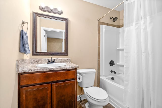 full bathroom featuring vanity, shower / bath combo with shower curtain, and toilet