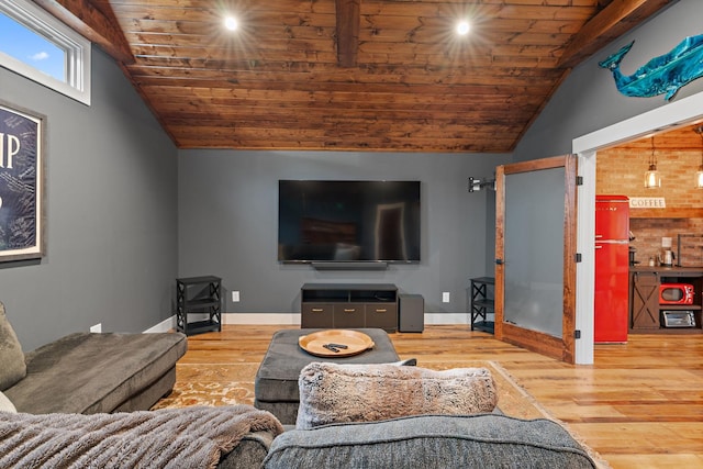 living room featuring wood ceiling, wood-type flooring, and vaulted ceiling