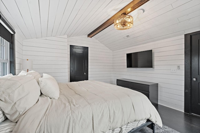 bedroom featuring vaulted ceiling with beams and wooden walls