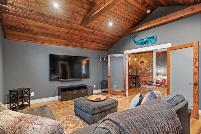 living room with lofted ceiling, light hardwood / wood-style flooring, and wooden ceiling