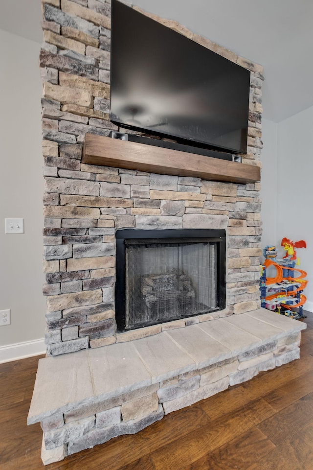 room details with wood-type flooring and a stone fireplace