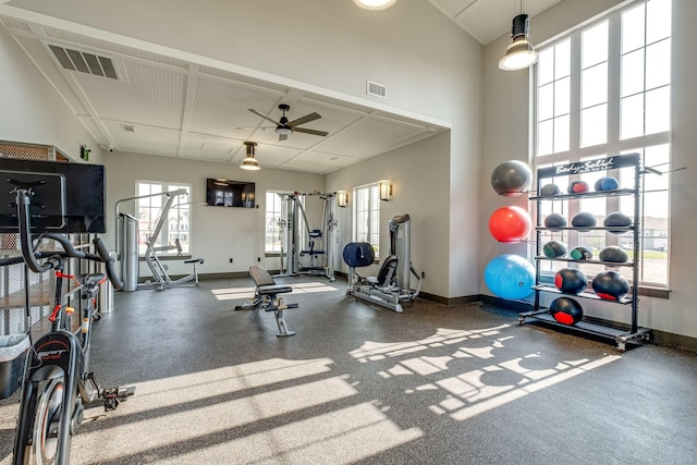 workout area featuring ceiling fan and a healthy amount of sunlight