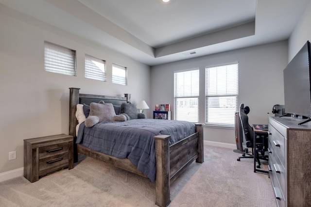 carpeted bedroom with a raised ceiling