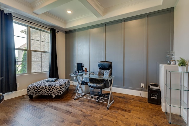 home office with beam ceiling, a wealth of natural light, and hardwood / wood-style flooring