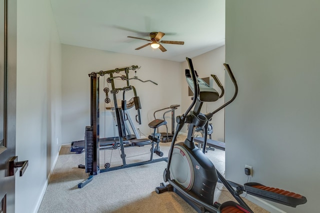 workout room with ceiling fan and carpet floors