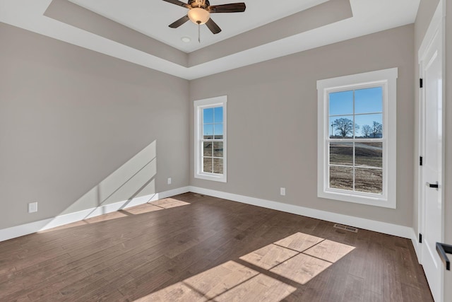 empty room with a raised ceiling, plenty of natural light, and dark hardwood / wood-style flooring