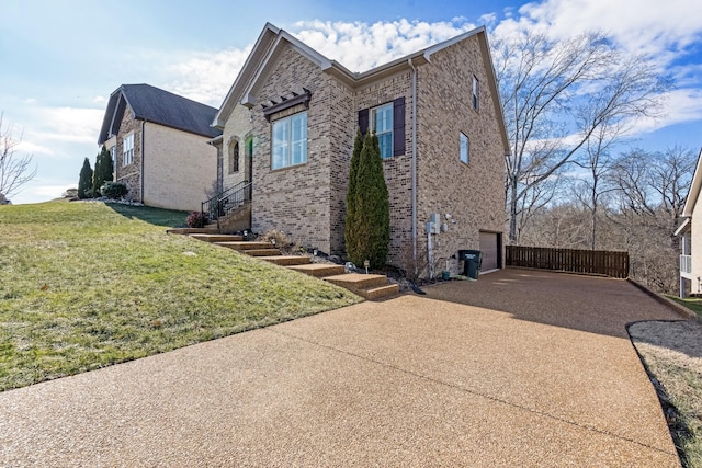 view of property exterior featuring a yard and a garage