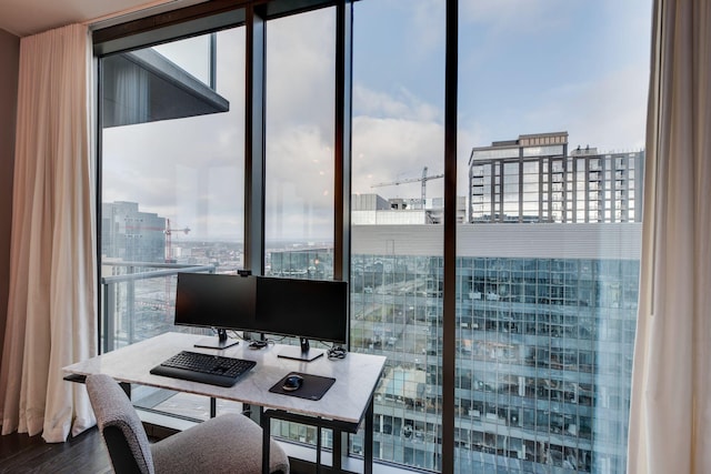 office space featuring hardwood / wood-style floors and expansive windows