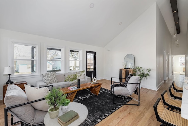 living room featuring high vaulted ceiling and light hardwood / wood-style flooring