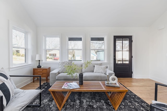 living room with lofted ceiling and hardwood / wood-style floors