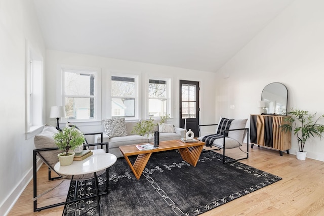 living room featuring wood-type flooring and vaulted ceiling