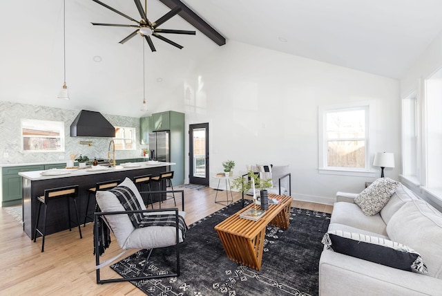 living room featuring high vaulted ceiling, beamed ceiling, and light wood-type flooring