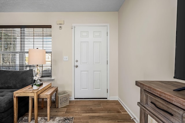 entryway featuring baseboards, a textured ceiling, and wood finished floors