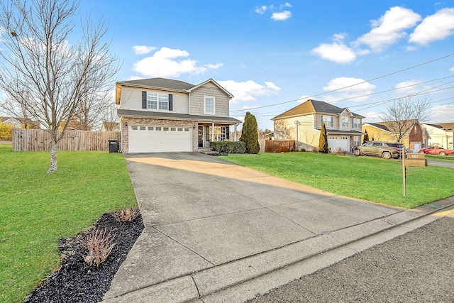 traditional-style home featuring fence, driveway, an attached garage, a front lawn, and brick siding