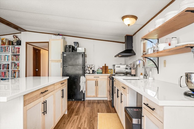 kitchen with lofted ceiling, sink, stainless steel electric range, black refrigerator, and wall chimney range hood