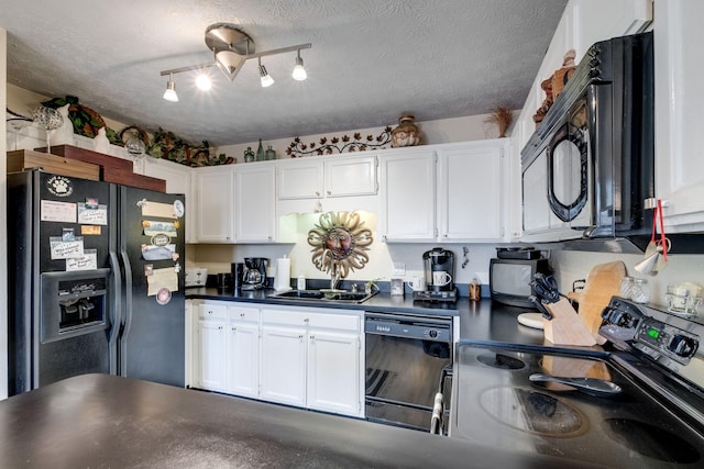 kitchen featuring sink, black appliances, white cabinets, and a textured ceiling