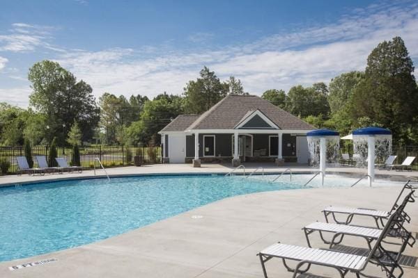 view of pool featuring pool water feature and a patio area