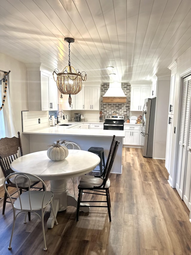 kitchen with sink, stainless steel appliances, custom range hood, white cabinets, and kitchen peninsula