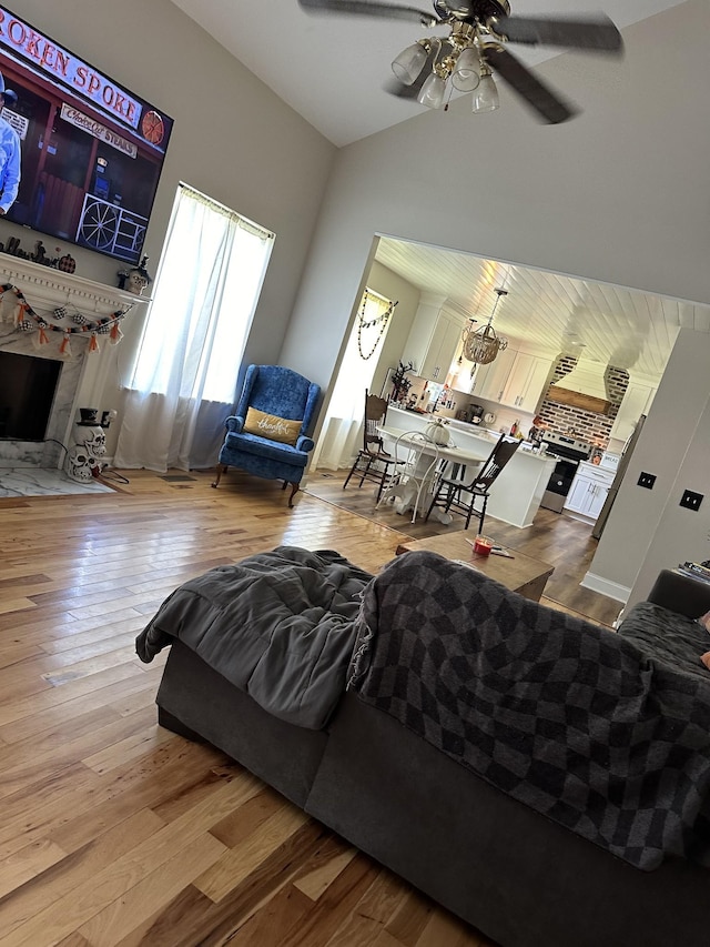 living room featuring wood-type flooring and ceiling fan