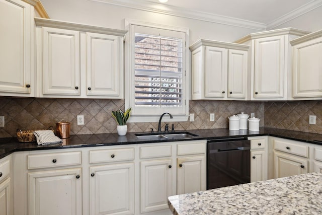 kitchen with black dishwasher, sink, decorative backsplash, and dark stone countertops