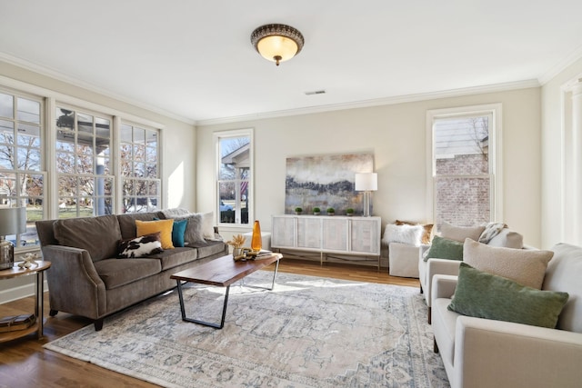 living room with hardwood / wood-style flooring, a healthy amount of sunlight, and crown molding